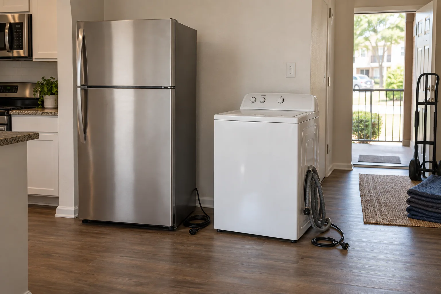 Illustrative refrigerator and washer staged safely for removal